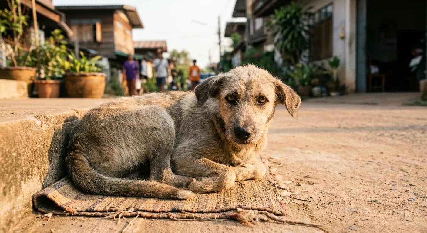 A street dog resting on a Phuket street at golden hour