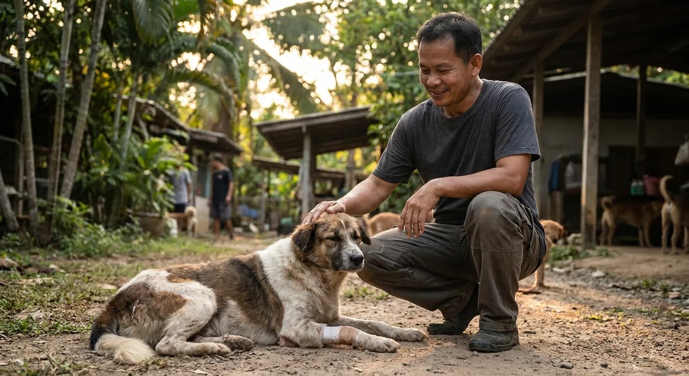 A volunteer sitting with a recovering rescue dog