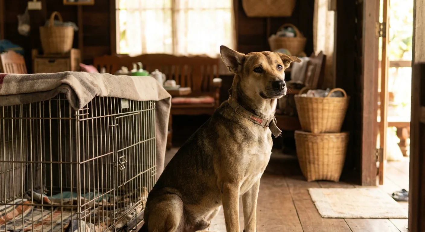 A rescued dog sitting beside a packed travel crate, ready to leave for a new home
