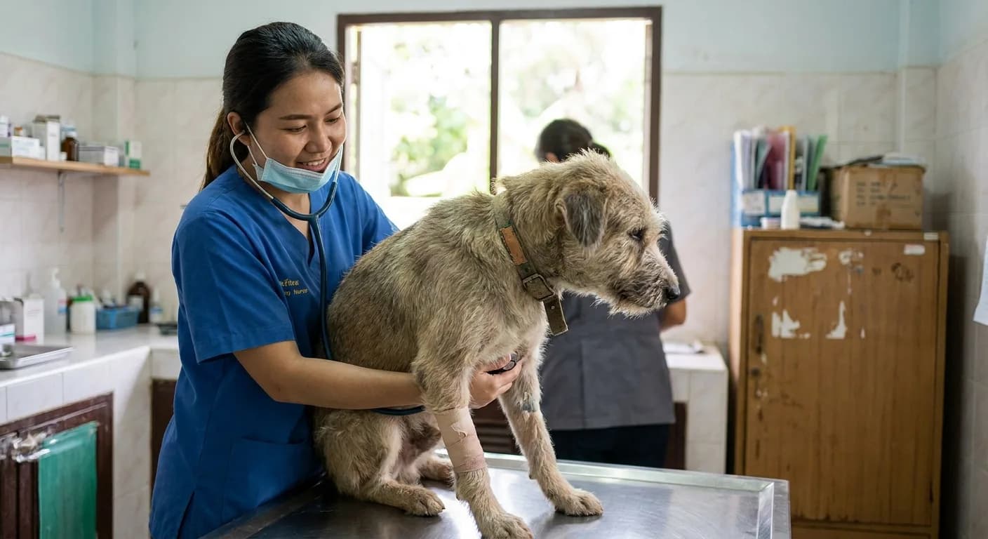 A veterinary nurse examining a bandaged street dog on a clinic table