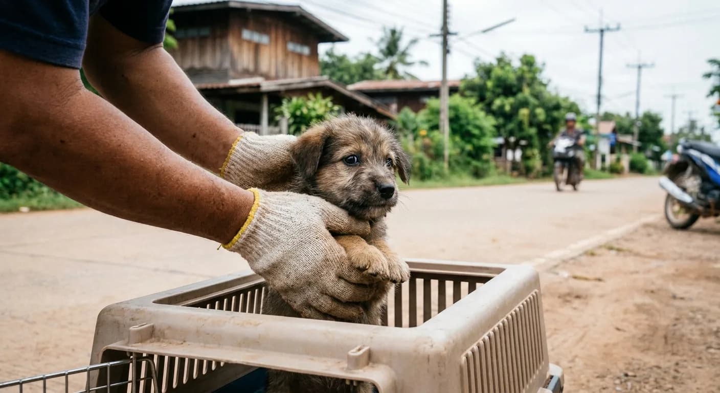 A rescue worker lifting a frightened stray puppy into a carrier at a Phuket roadside
